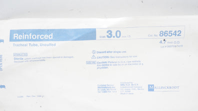 Mallinckrodt 86542 Reinforced Tracheal Tube, Uncuffed 3.0mm I.D. x 4.7mm O.D.